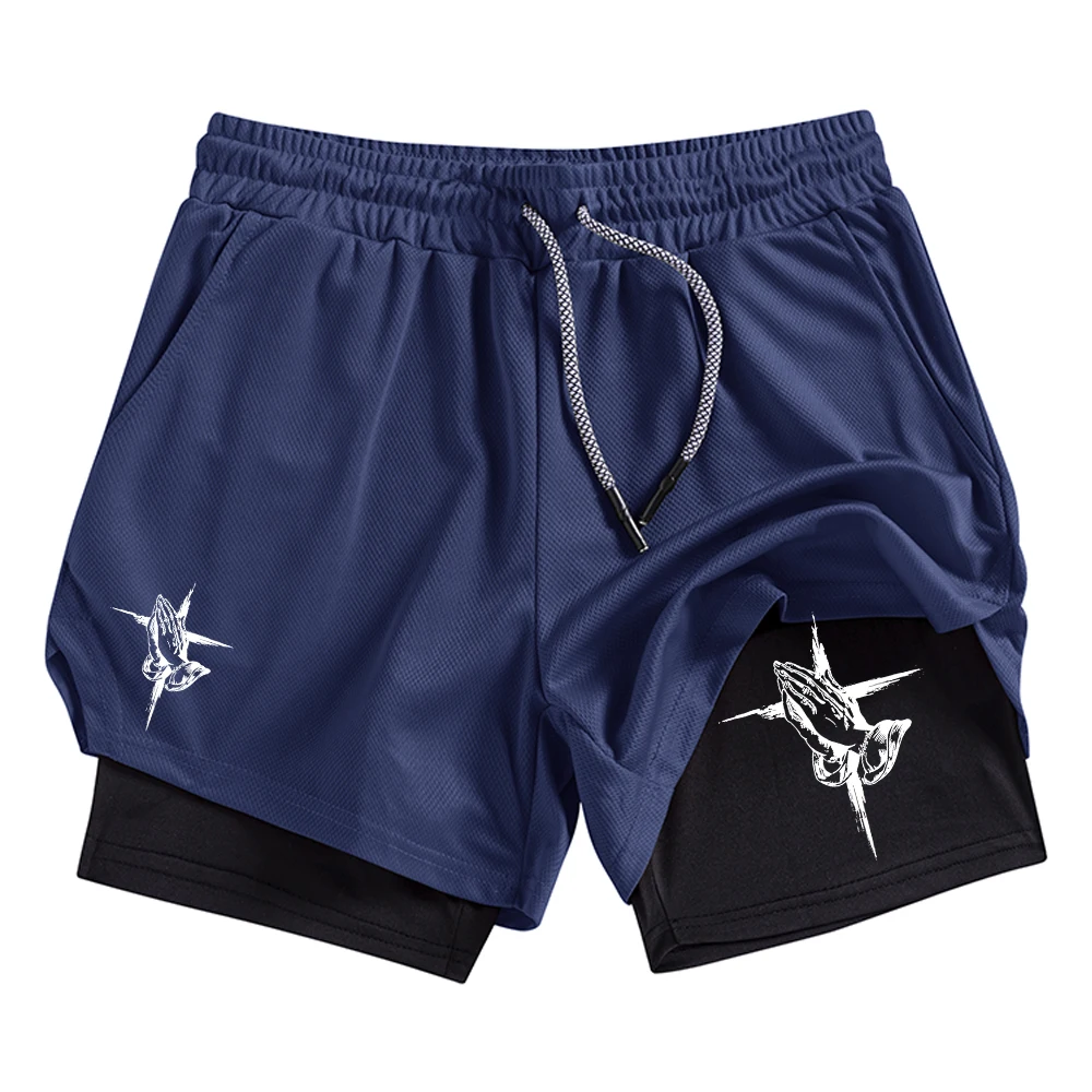 Men's Prayer Hand Print Sports Shorts Quick Drying Breathable Fitness Cycling Double Layer Shorts Multiple Colors Available