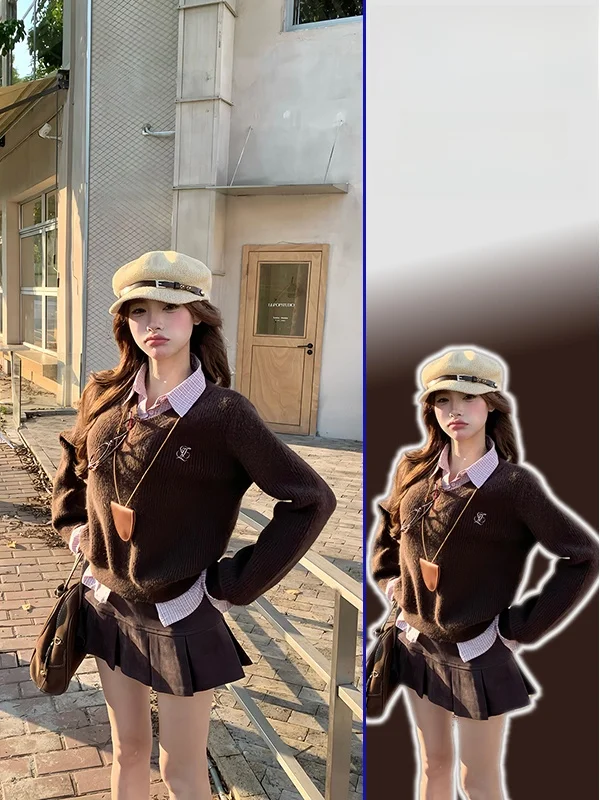 

Loose Korean College Sle Women's plus Size Sweater irt Skirt Set Striped Layering Winter Autumn Casual High Waist