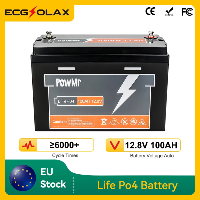 PowMr 100AH LiFePO4 Battery 12.8V BMS 6000+ Cycles Up to 4 in Series Lifepo4 12V Lithium Battery Energy Solar Batteries EU Stoc
