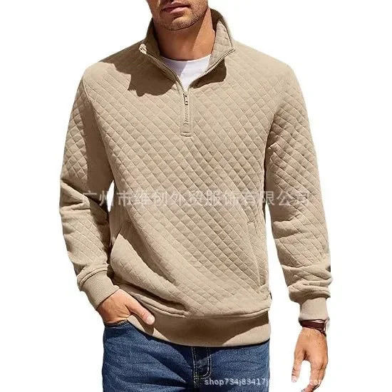 

Pop Spring Autumn Men's American Loose Solid Color Plaid Pullovers Knitted Long Sleeve Half-zipper Sweatshirts Male Polo Shirts