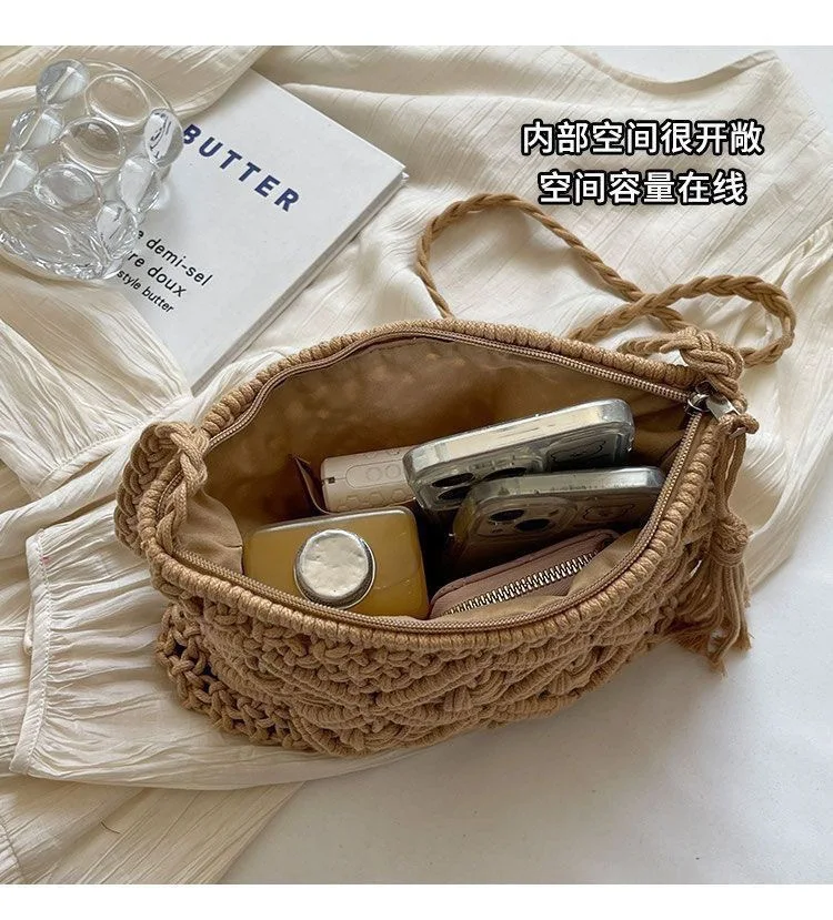 Retro Fransen-Kunststrohtasche, einfache Sommer-Strandtasche, gewebte Schultertasche, lässiges Accessoire für Damen – Detail 25