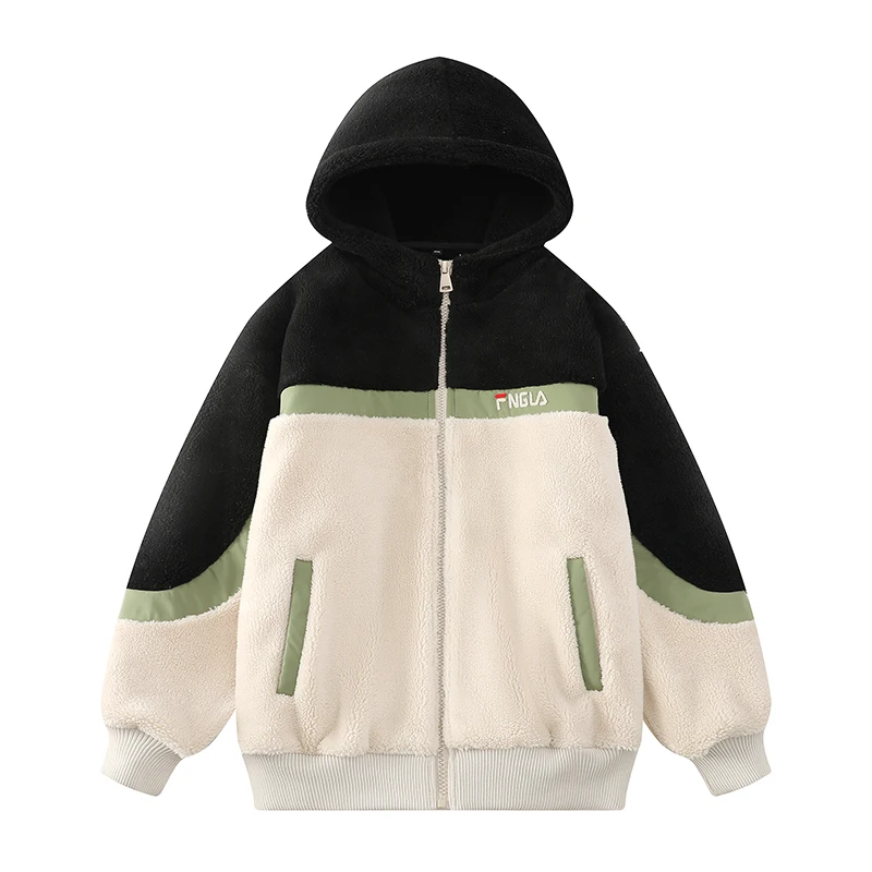 

Men's Winter Thiened Fce Lined Cotton Jaet Lamb Fur Collar Splice Color Blo Casual Warm Coat for Teenagers