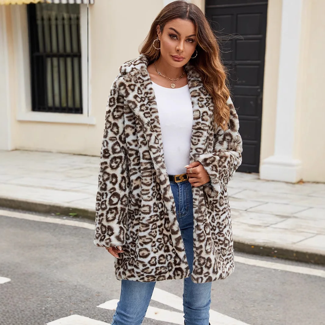 

Windproof Winter Women's Faux Fur Coat Leopard Print Leather Lady's Artificial Fur Outwear Mid Length Eco Fur Jacket For Female