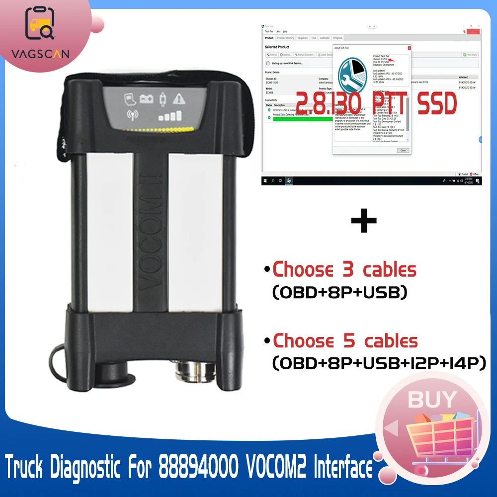 For Vocom II 88894000 Tech Tool (TT) 2.8.130 DIAGNOSTIC KIT Communication Unit 88894000 For New Bus Construction Equipment