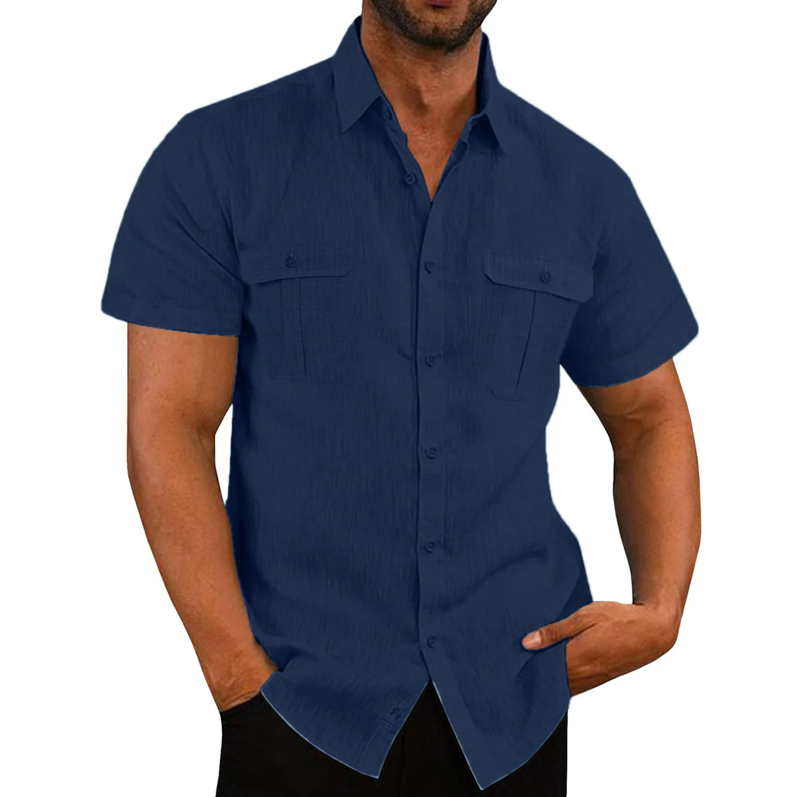 Summer Men's Short-sleeved Shirt Button/zipper Cardigan White Top Lapel Black Loose Fashion Street Pocket Blouses