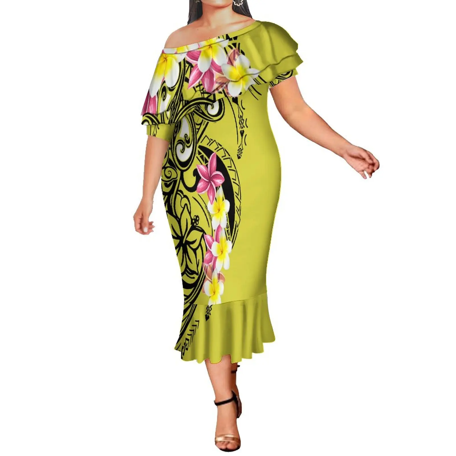 Double Lotus Leaf Slim-Fit Fishtail Skirt Custom Polynesian Fashion Dress Summer Elegant Long Dress Samoan Floral Print