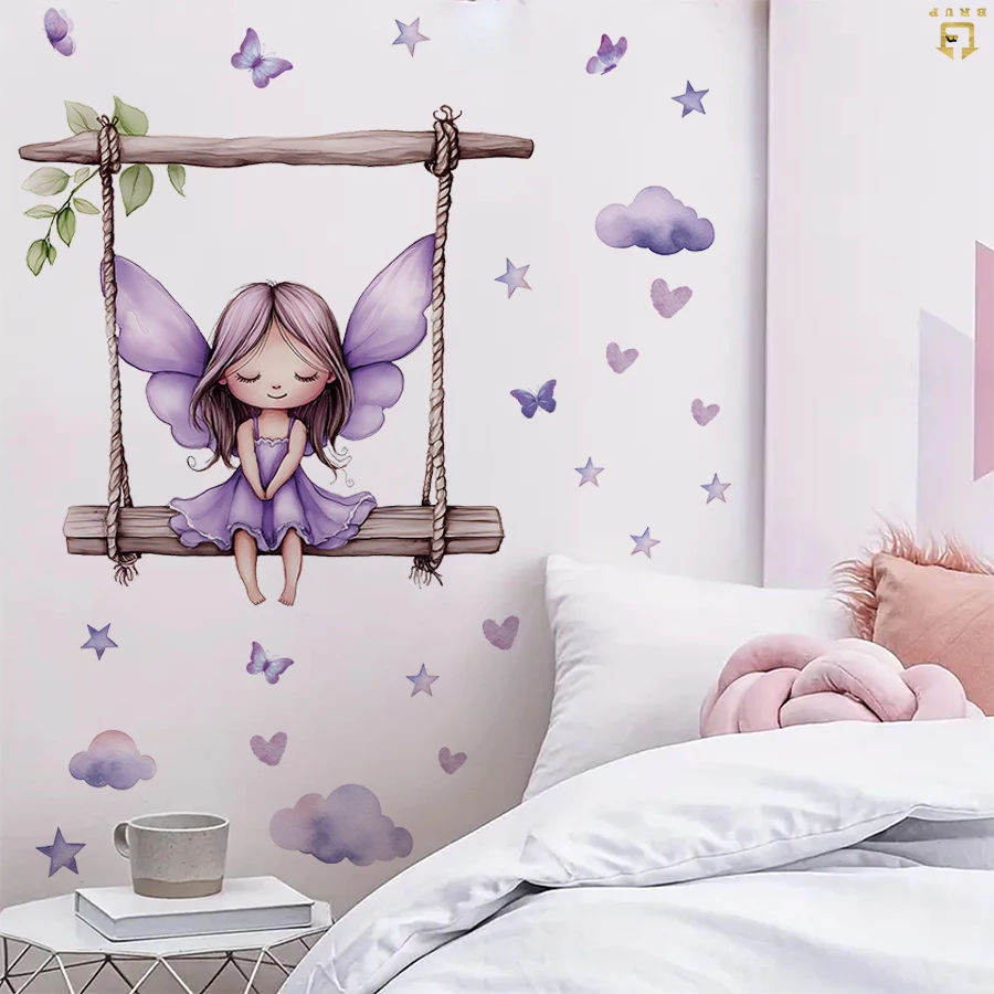 ملصقات حائط متأرجحة على شكل فراشة أرجوانية على شكل نجمة أرجوانية - ملصقات فينيل قابلة للإزالة لغرفة نوم الأطفال وديكور غرفة الخيال #4