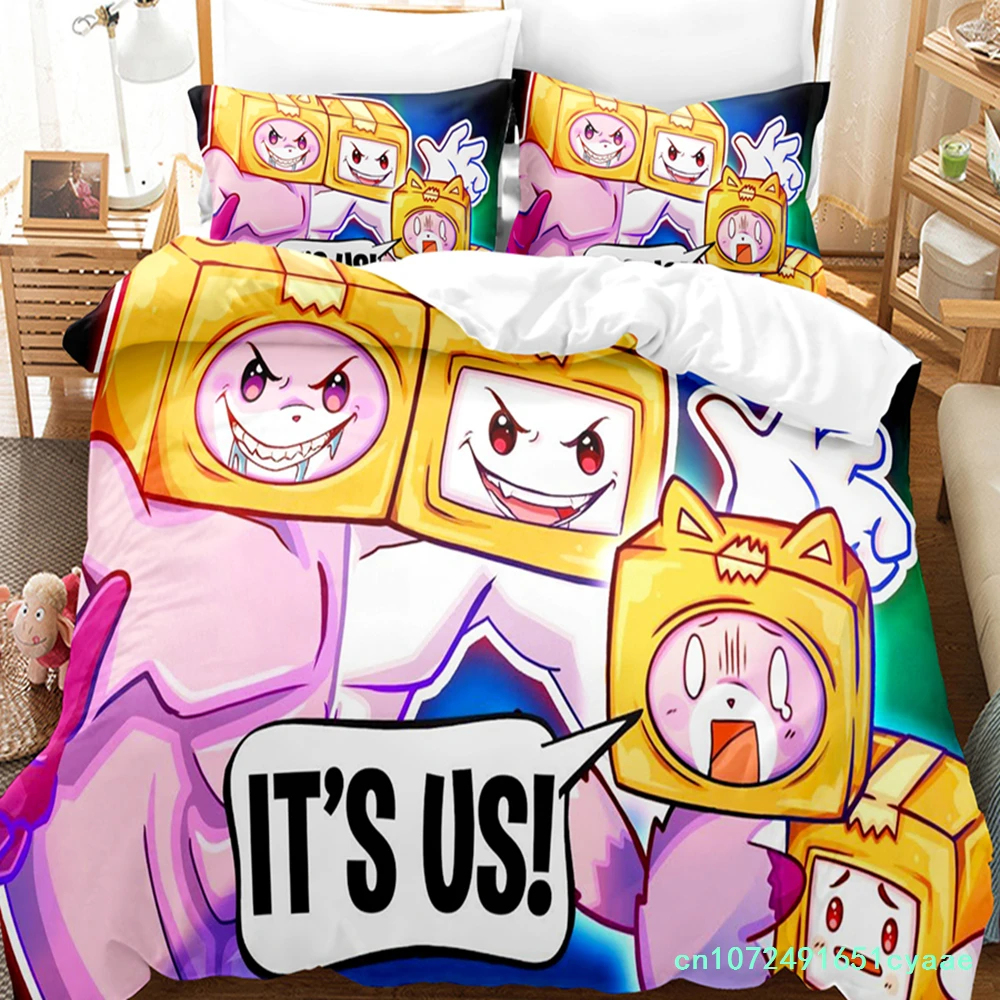 Linen Duvet Cover - ชุดเครื่องนอนลายการ์ตูน 3D Lankybox พร้อมปลอกผ้านวมและปลอกหมอน ขนาด Twin,