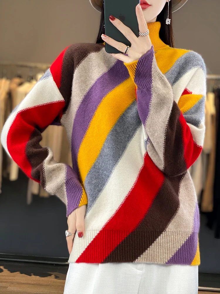 Female Stripe Sweater, 100% Pure Wool, Knitted Pullover, High Lapel, Fashionable Tops, Casual Style, Explosive, Autumn, Winter,