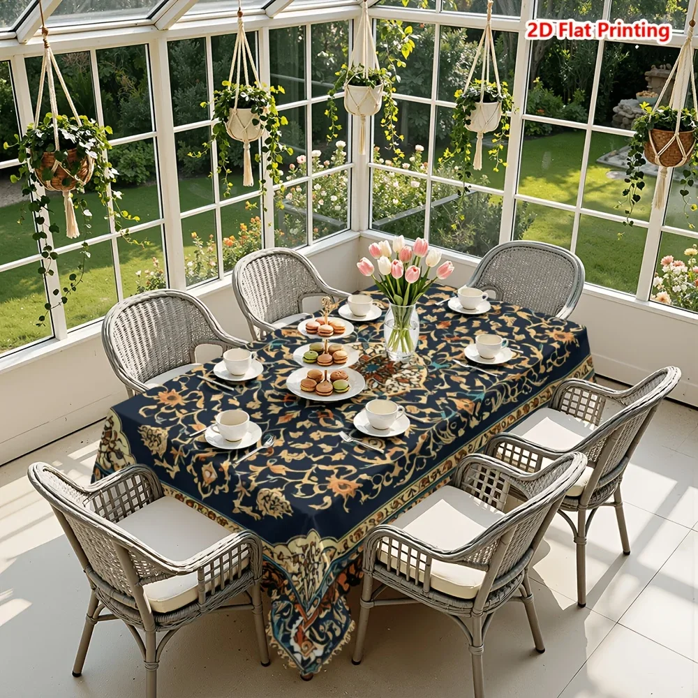 1pc Tablecloth, Retro Persian Style Dark Blue Base with Gold Complex Floral Vine Pattern Tablecloth