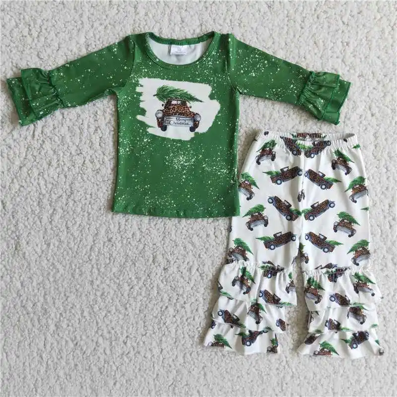 2022 Baby Western Girls Christmas RTS Green Truck Long Sleeve Shirt White Trucks Pants Girls Suits Hot Selling For Kids Fashion