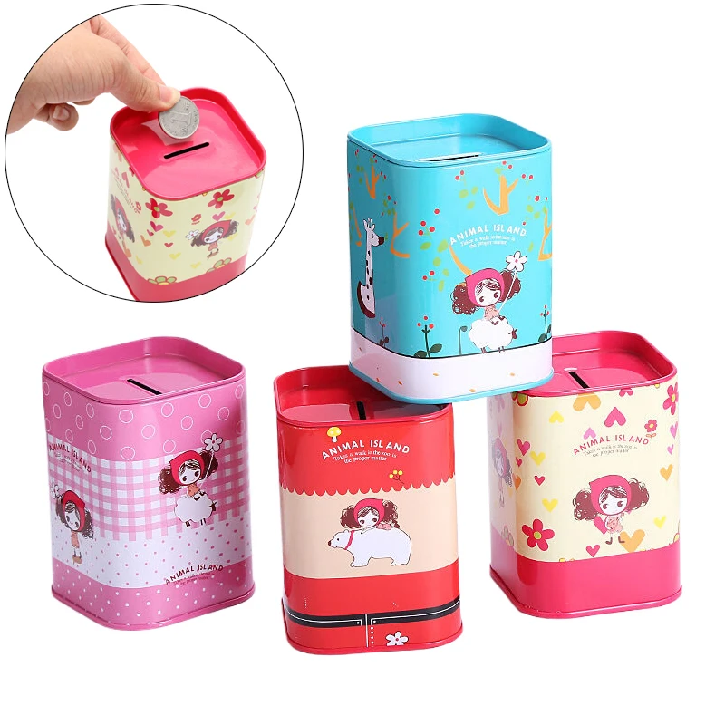 

Cute Girls Metal Square Piggy Bank Unbreakable Coin Storage Box Jewelry Storage Mini Tin Bank Saving Money Box Home Decoration