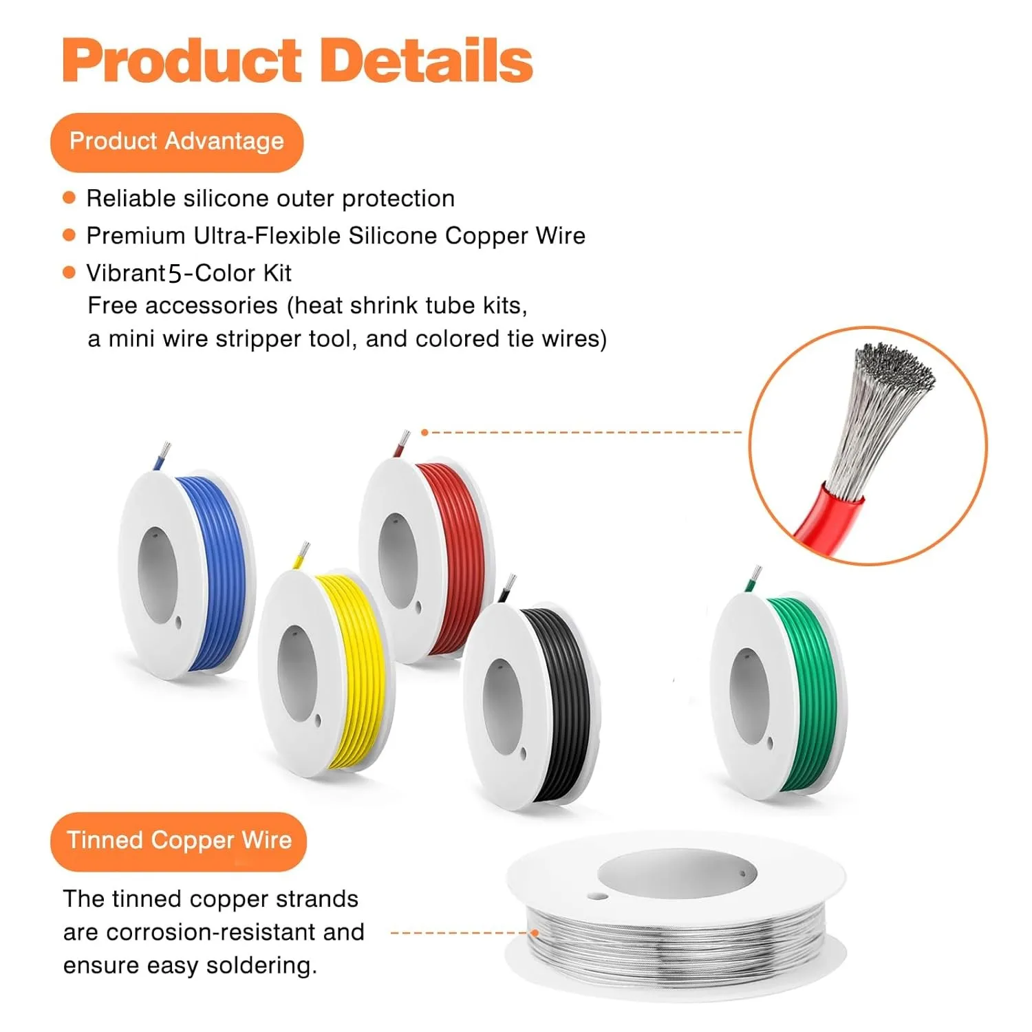 UL1007 Wire PVC Insulation Tinned Copper Cable Stranded Electrical Line 30/28/26/24/22/20/18/16 AWG PCB Wire（5 Colors Mix Kit）