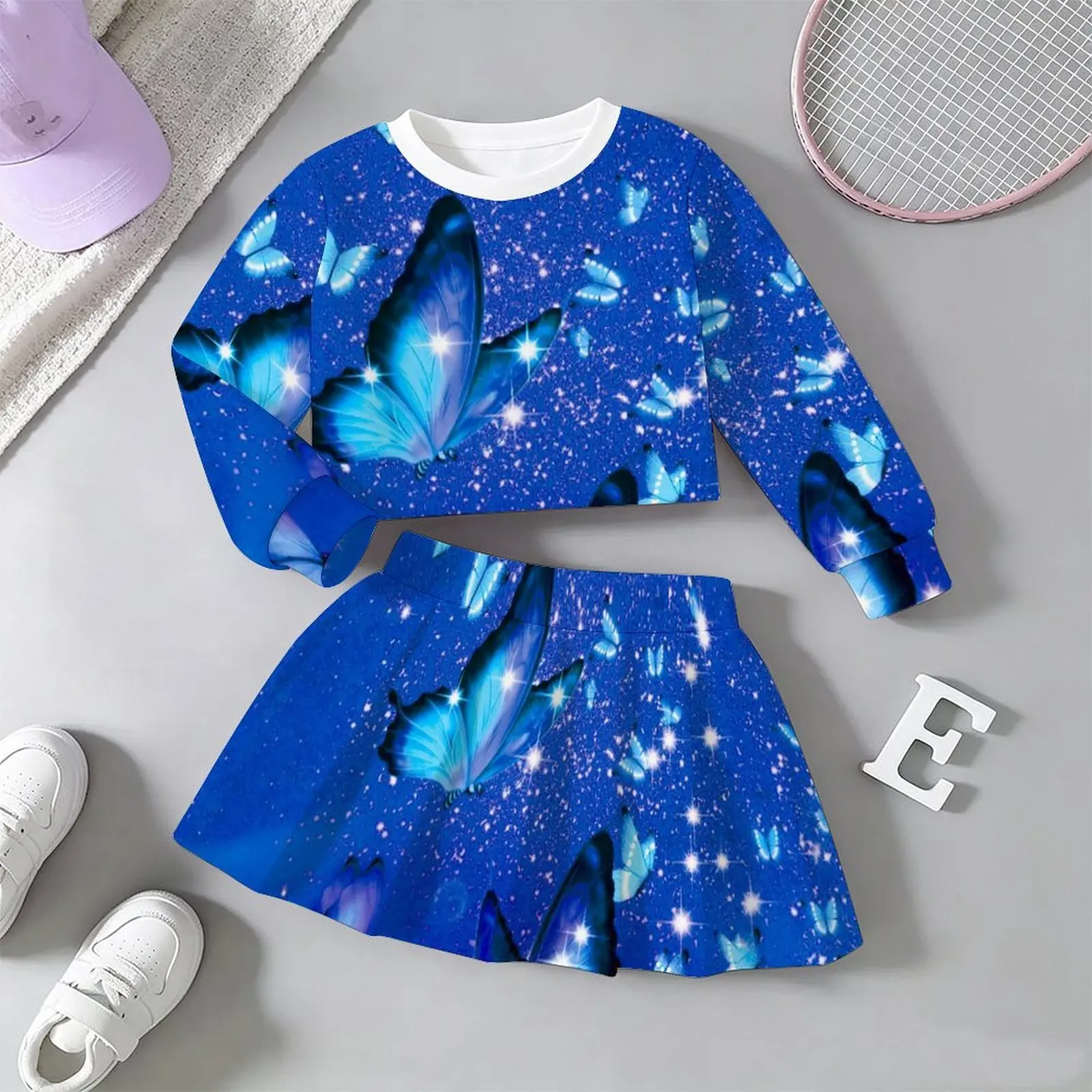 Lovely Kawaii Fairy Style Girls Outfit Long Sleeve Print Top A-line Skirt  Soft Breathable  For Wedding Flower Girl Party