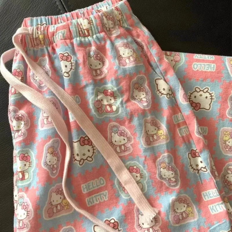 

2025 New Women'S Pink Hello Kitty Pajama Pants Korean Style Spring Summer Loose Fit Cartoon Cat Print Home Comfortable Trousers