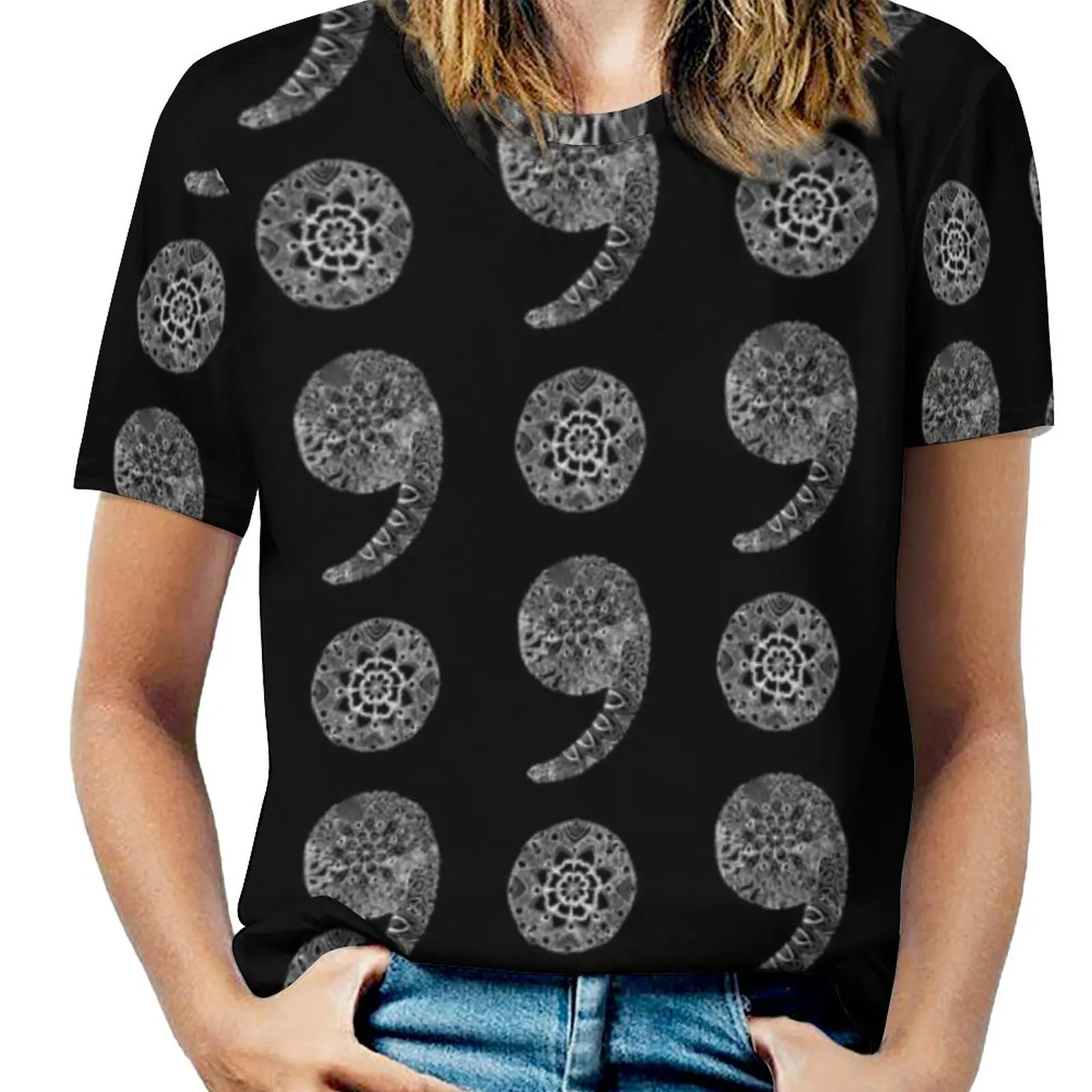 Patterned Semicolon : White On Black Women T-Shirt Crewneck Casual Short Sleeve Tops Summer Tees Semicolon Ostomy Ostomate J