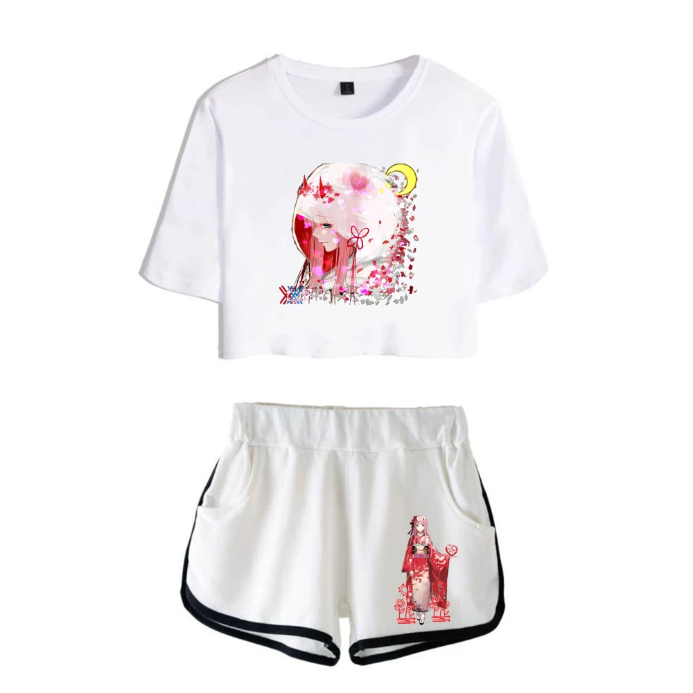 Cartoon DARLING In The FRANXX Print Short Sleeve Cool Sexy Shorts+lovely T-shirts Dew navel Pretty Girl suits Two Piece Set - Image 4