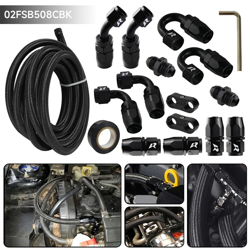 

Universal 16.4FT 5M AN8 Nylon/ Stainless Steel Braided Oil Fuel Line + AN8 Hose End Fitting Kit Black / Silver For Audi