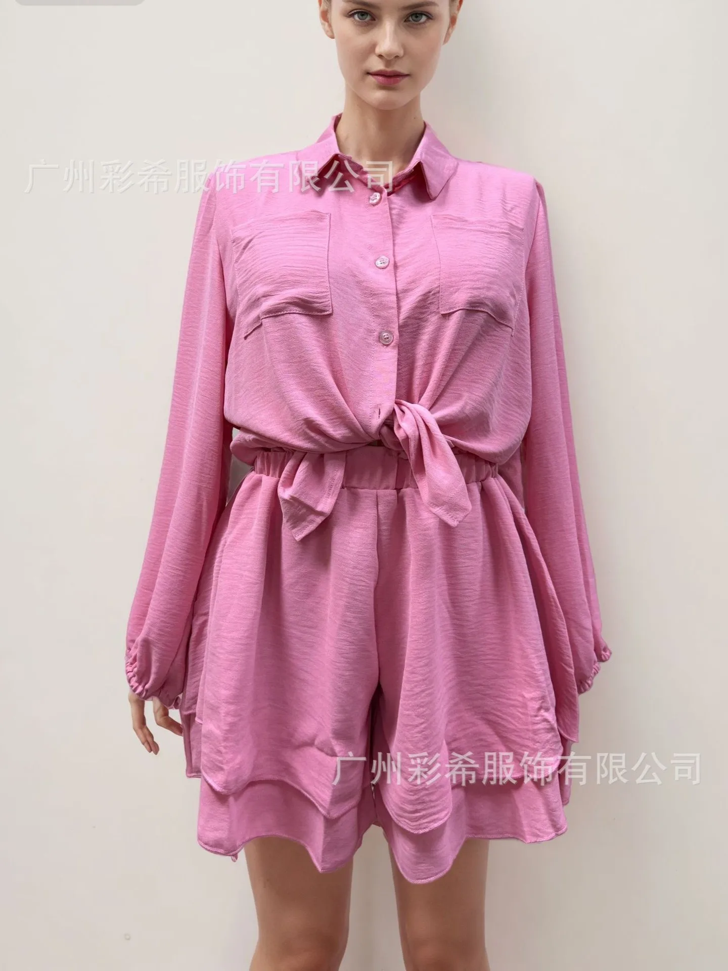 

Summer Women's Clothing Casual Ruffled Long Sleeve Top And Five Inch Shorts Two Set Polyester Sleeve Relaxed Fit S