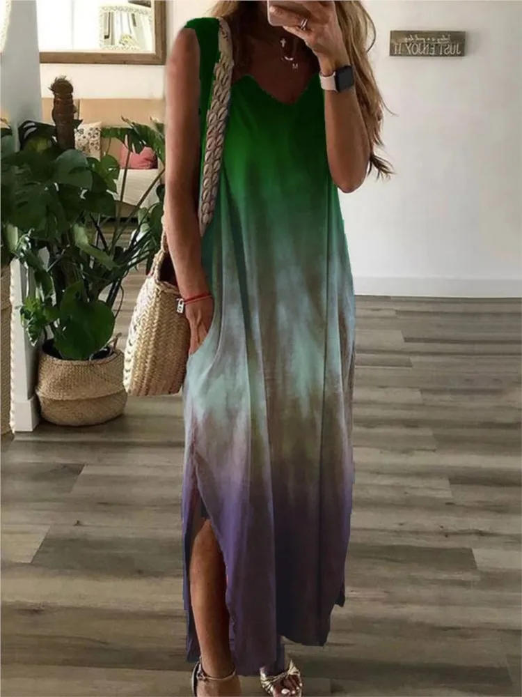 Gradient Tie Dye Print Sleeveless Long Dresses Women Fashion Casual  V-neck Loose Slit Vest Dress Female Summer A-line Vestidos