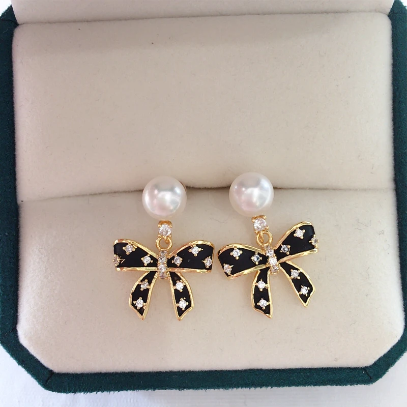 

ZHBORUINI 2023 New 14K Gold Plated Black Bow Natural Pearl Earrings S925 Silver Ear Needle Stud Earrings For Women Jewelry Gift