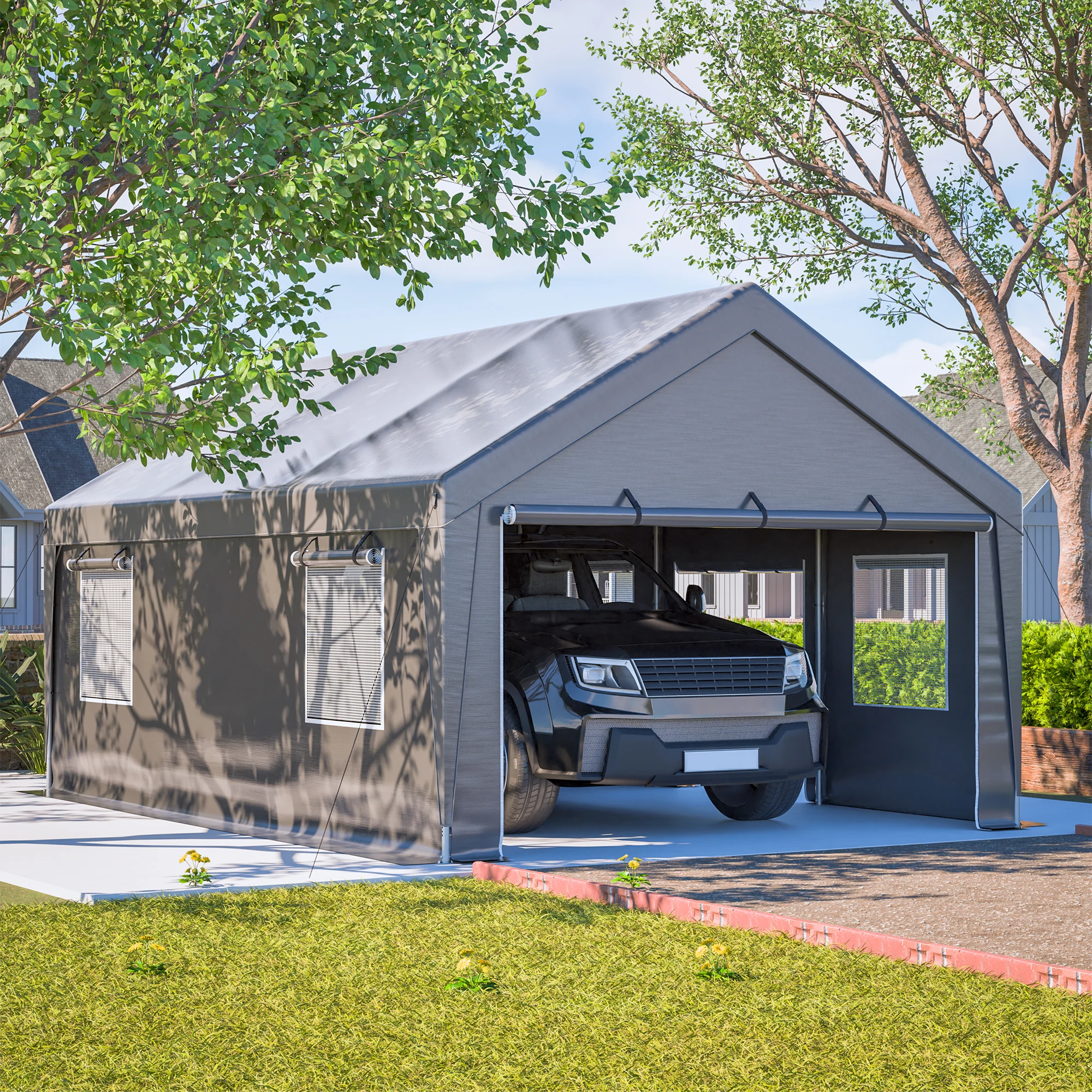 Image of 6×4×3m Allwetter-Zeltgarage Grau, Wasserdichte Seitenwände, Aufrollbare Fenster & Türen, UV-Schutz für Auto & Gartenlagerung