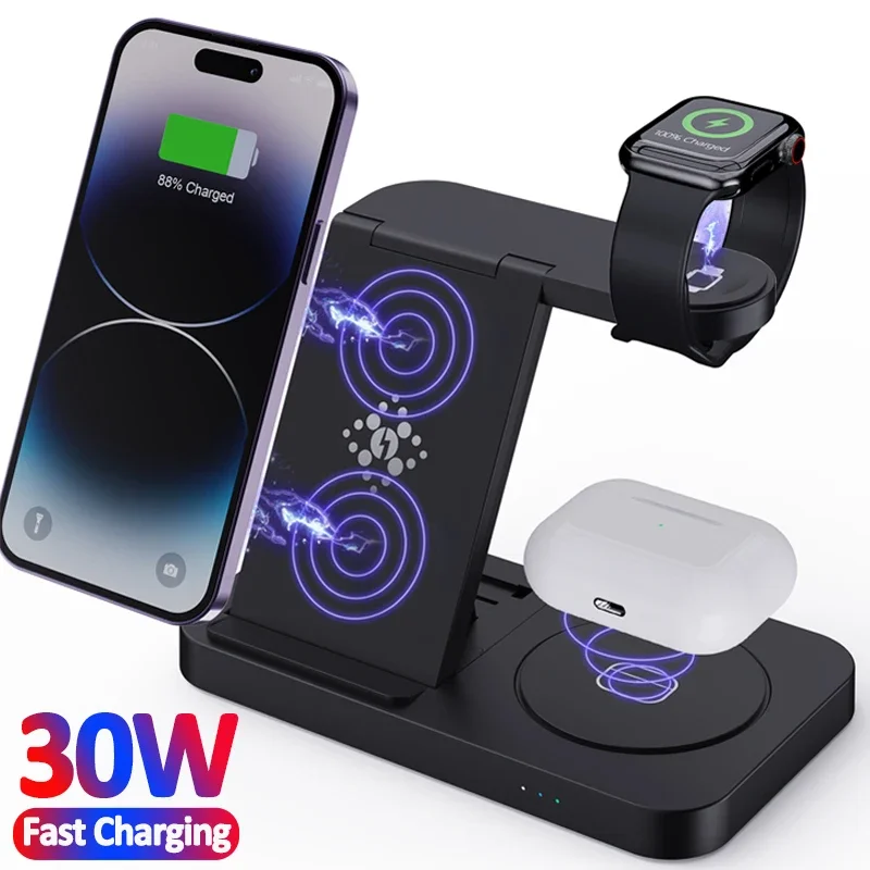 30W 4 in 1 Foldable Wireless Charging Station For iPhone 15 14 13 12 11 Pro Max Apple Watch 8 Samsung Galaxy 5/4/3 Fast Charger