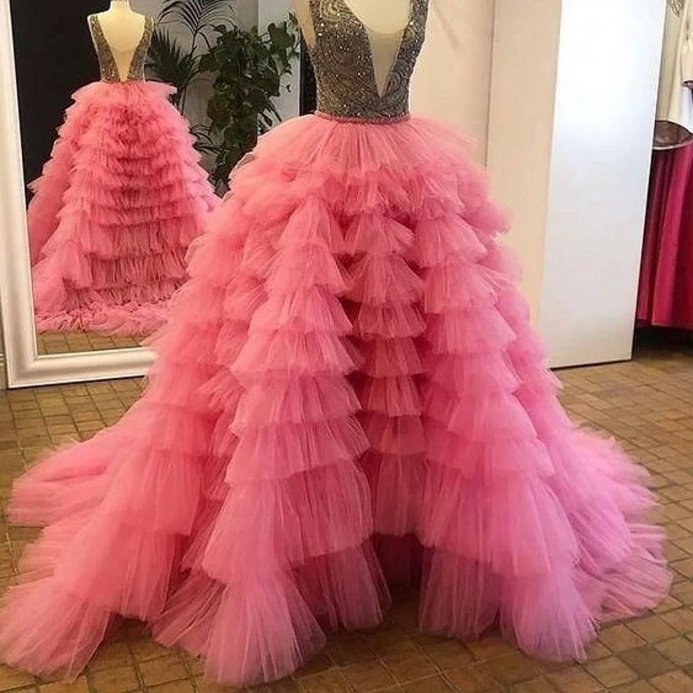 

Pink Long Maxi Skirts Tiered High Waist Girls Birthday Skirt Princess Layers Female Evening Party Outwear Skirts