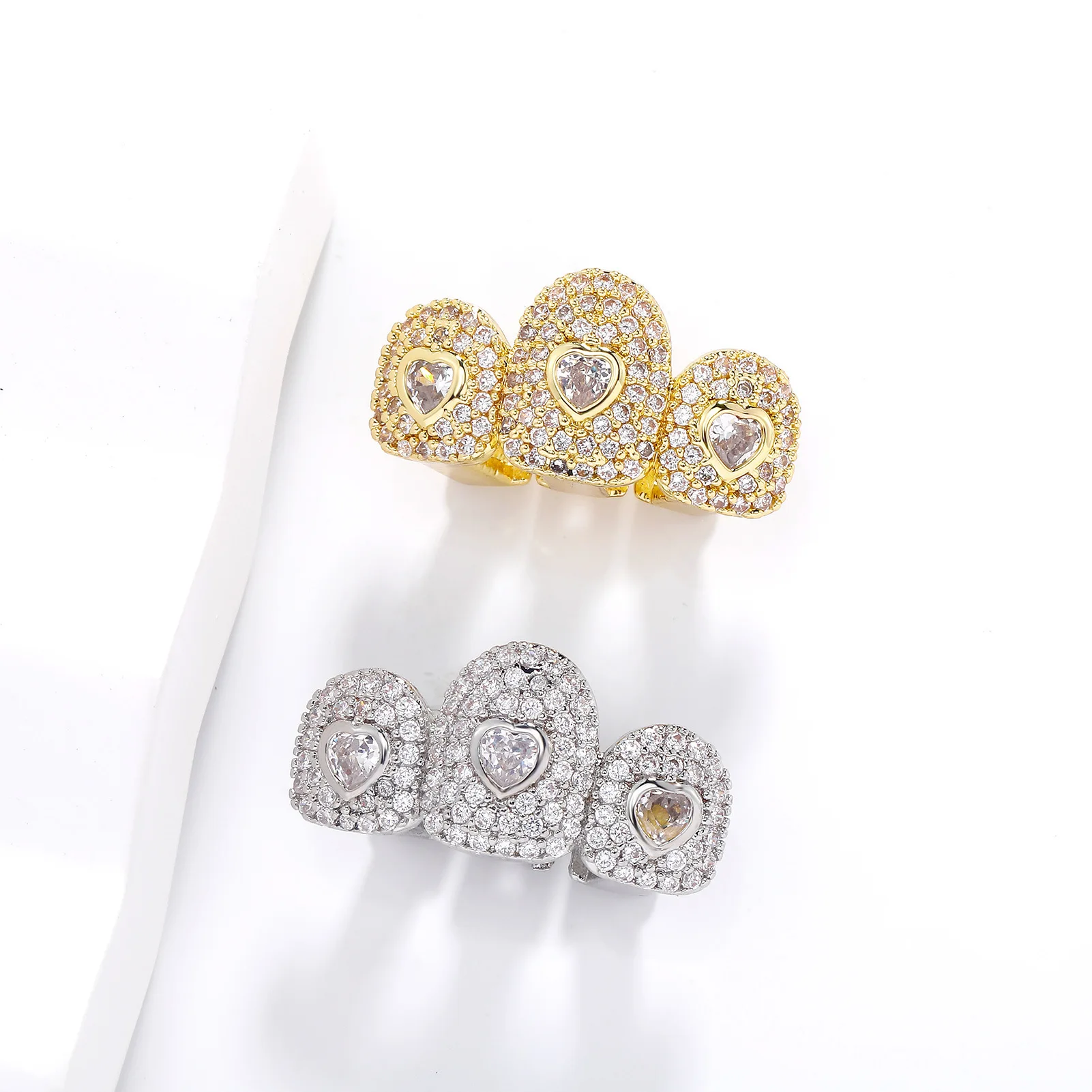 Cute Triple Heart Grillz Teeth Jewelry Bling Tooth Cover Gold Silver Color Hip Hop Fashion Mouth Accessories Wholesale