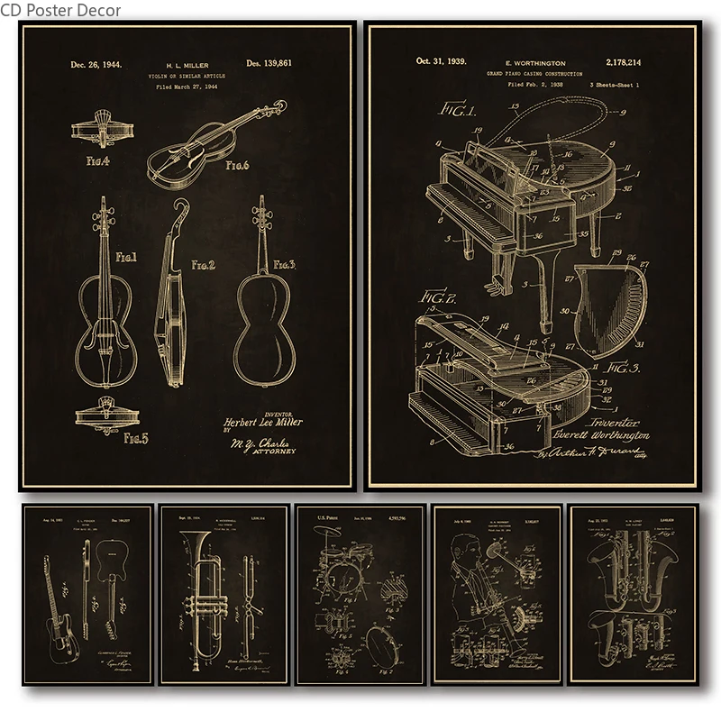 Retro Style Instrument Poster Music Art Wall Painting Trumpet Violin Piano Studies Prints Vintage Home Room Cafe Decor Picture