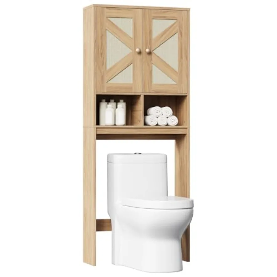 

Over The Toilet Storage Cabinet with Rattan-Style Doors Farmhouse Bathroom Organizer Natural Adjustable Shelves Laundry Room St