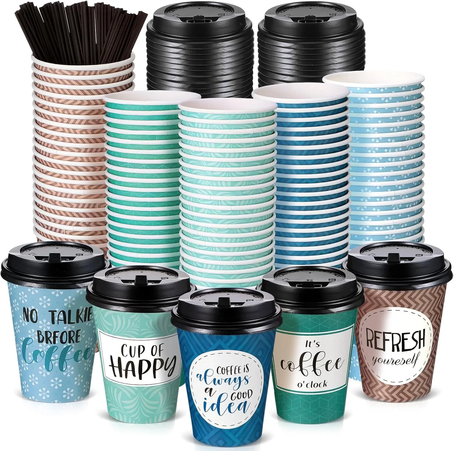 

100 Pack Disposable Coffee Cups with Lids and Straws, Motivational Paper Cups with 6 Quotes and Designs Disposable Hot C
