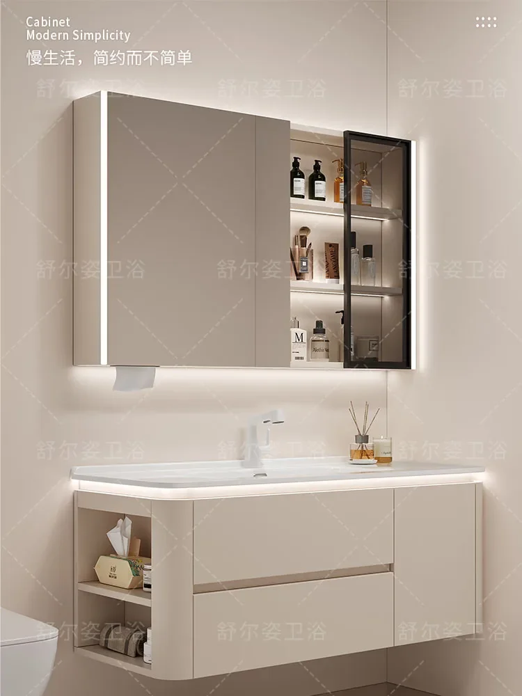 Cream wind ceramic integrated rounded corner bathroom cabinet combination light luxury bathroom wash