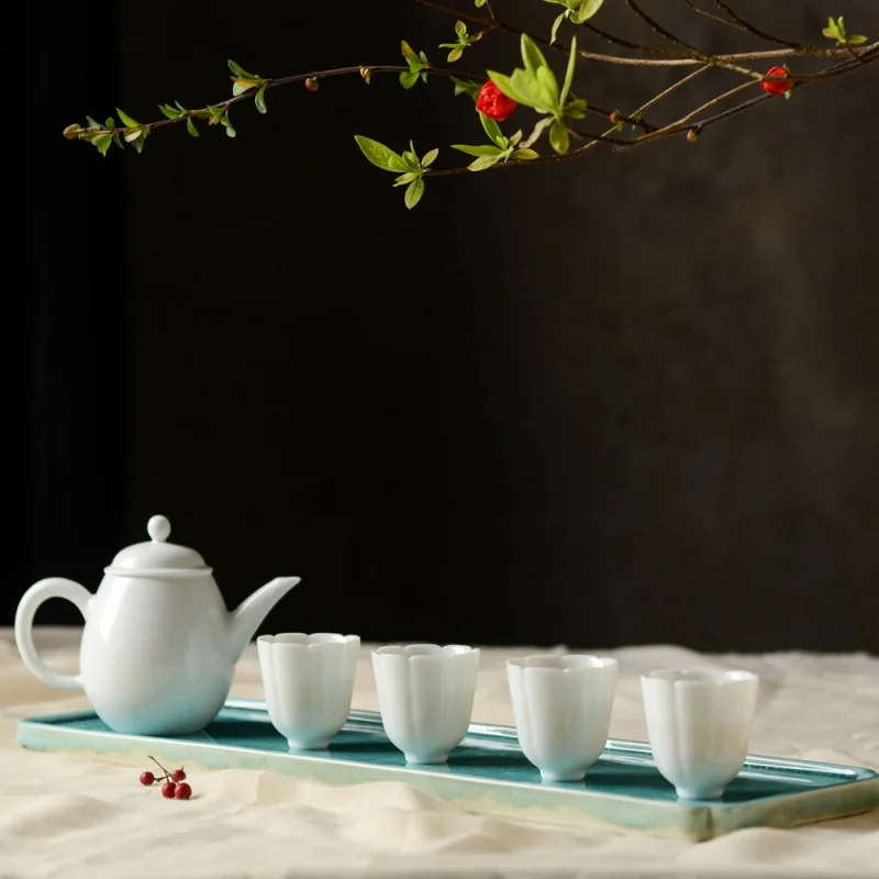 ★Jingdezhen Ceramic Fambe Sky Blue Tea Tray Kung Fu Tea Set Tea Ceremony Large Long Pot Tray Tray Dim Sum Plate