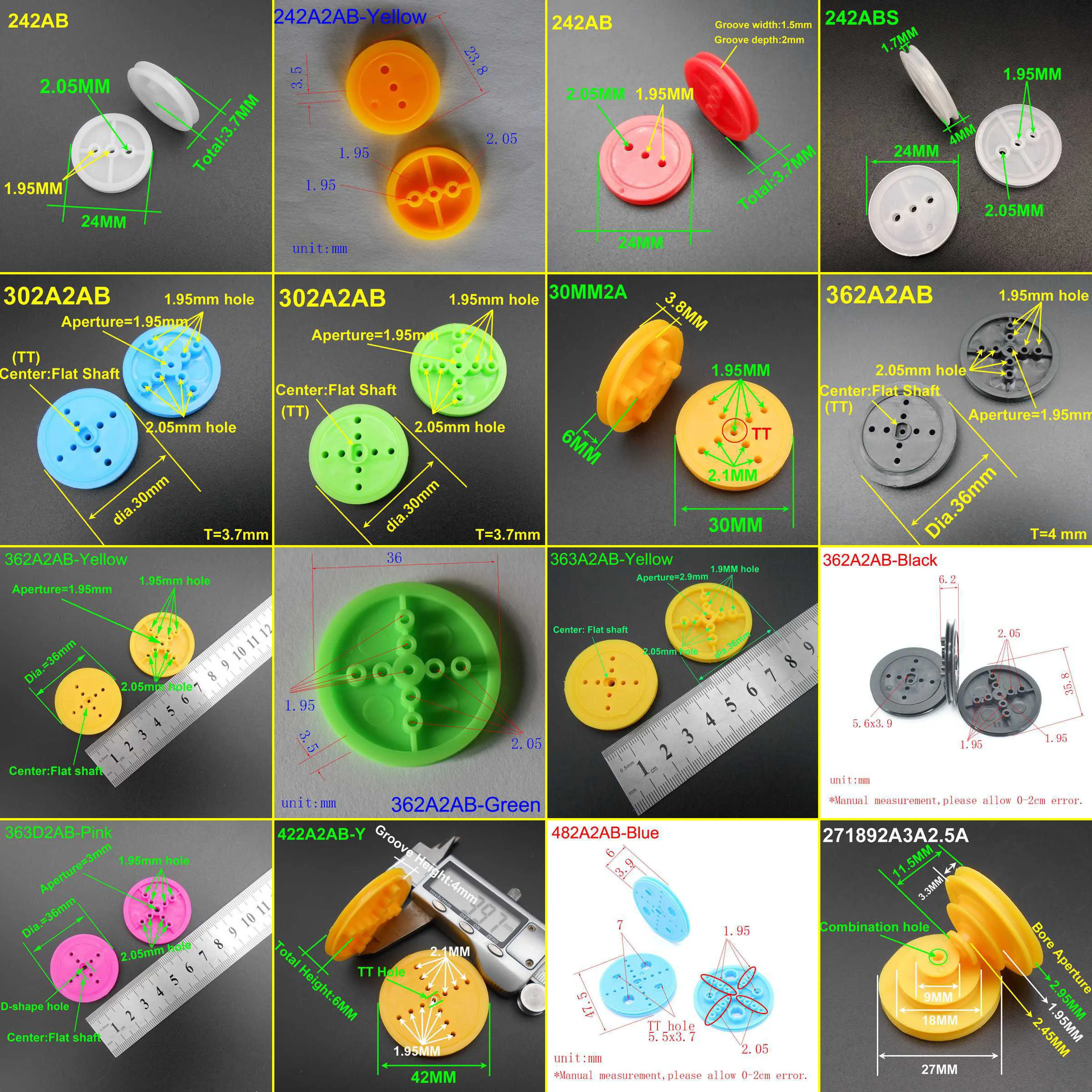

20Pcs/Pack Multi-Size Plastic Pulley Set 24/30/36/42/48mm Diameter 1.95-3mm Holes Tight Fit 2-3mm Shaft TT/Octagonal/D Hole 2A2B
