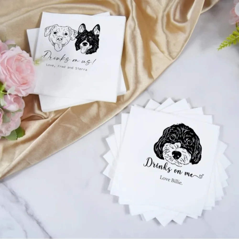 50Pcs Custom Illustrated Dog Wedding Napkins | Custom Pet Wedding Napkins |Custom Freehand drawing Napkins | Custom Engagement N