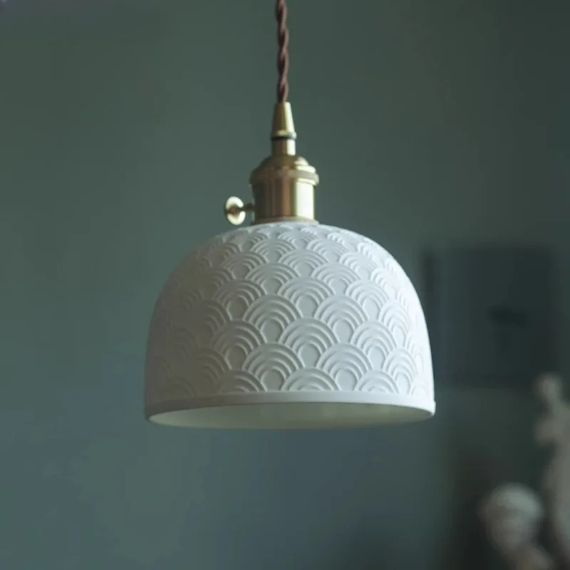 Retro Chinese Style Ceramic Pendant Light Translucent White Hanging Lamp Restaurant Bar Tea Room Study Bedside Lighting Fixtures