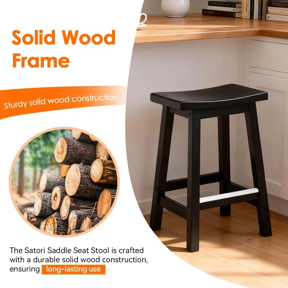工業用木製サドルスツール 2個セット、高さ24インチ、フットレスト付き、キッチン、バー、レストラン、家庭用ダイニング用