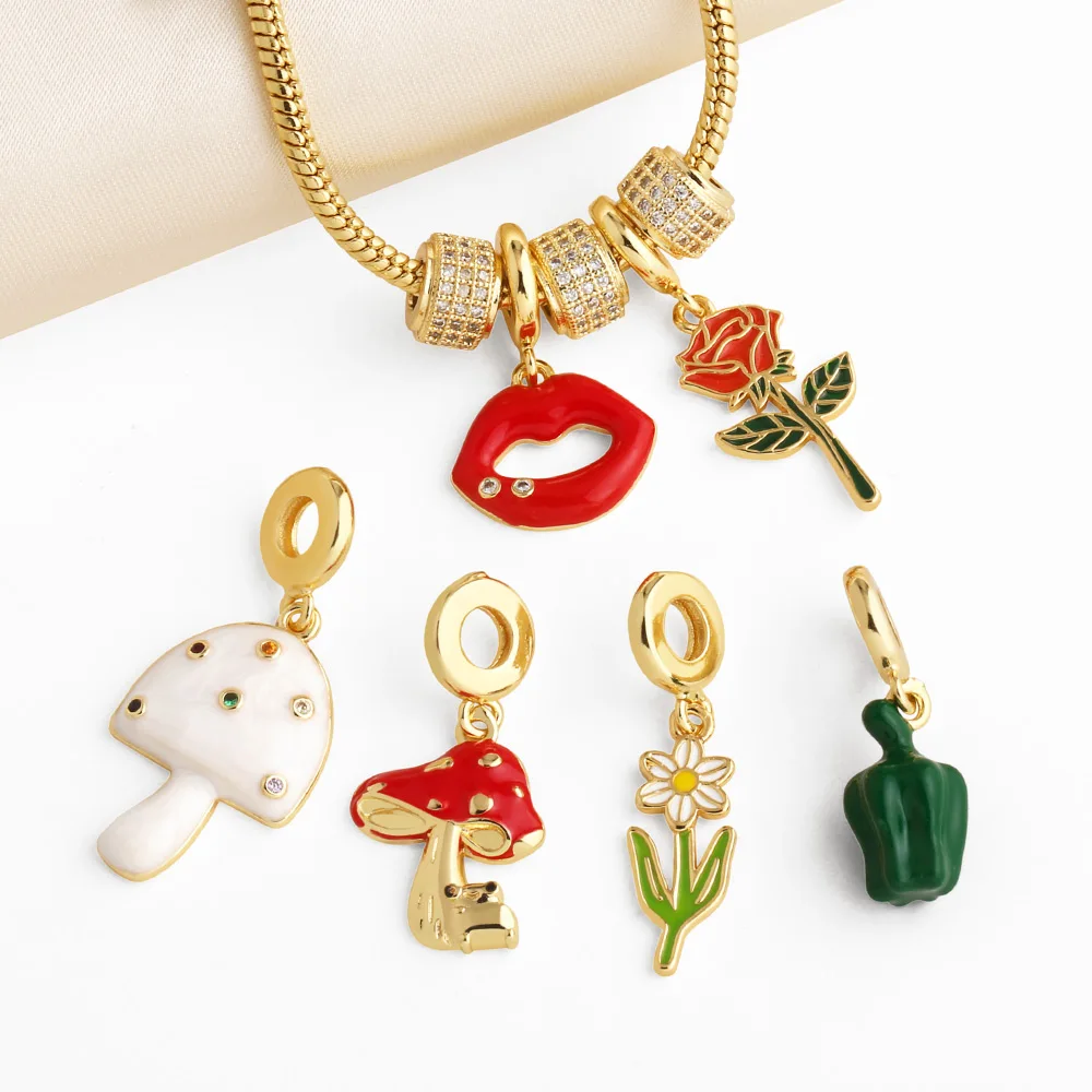 OCESRIO Red Enamel Lip Mushroom Pendant for Necklace Copper Gold Plated Flower Green Pepper Jewelry Making Component pdta562