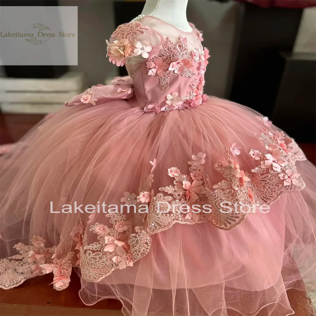 3d Applique Pink Flower Girl Dress For Wedding Puffy Tulle Floor Length Birthday Party Dress Pageant Toddler Baby Prom Gowns