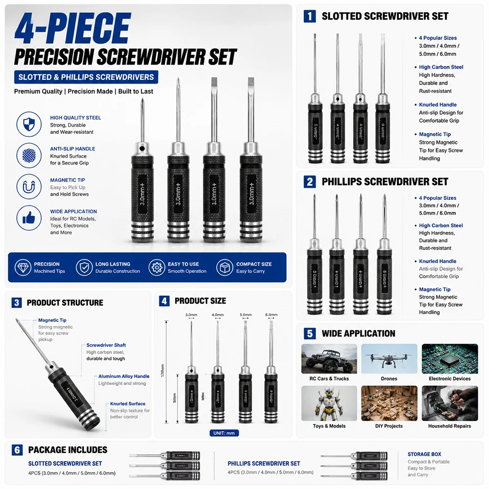 Tournevis à tête plate et Phillips, 3/4/5/6mm, 4 pièces, adaptés aux modèles de voitures RC, camions, drones, outils de réparation et d'entretien DIY