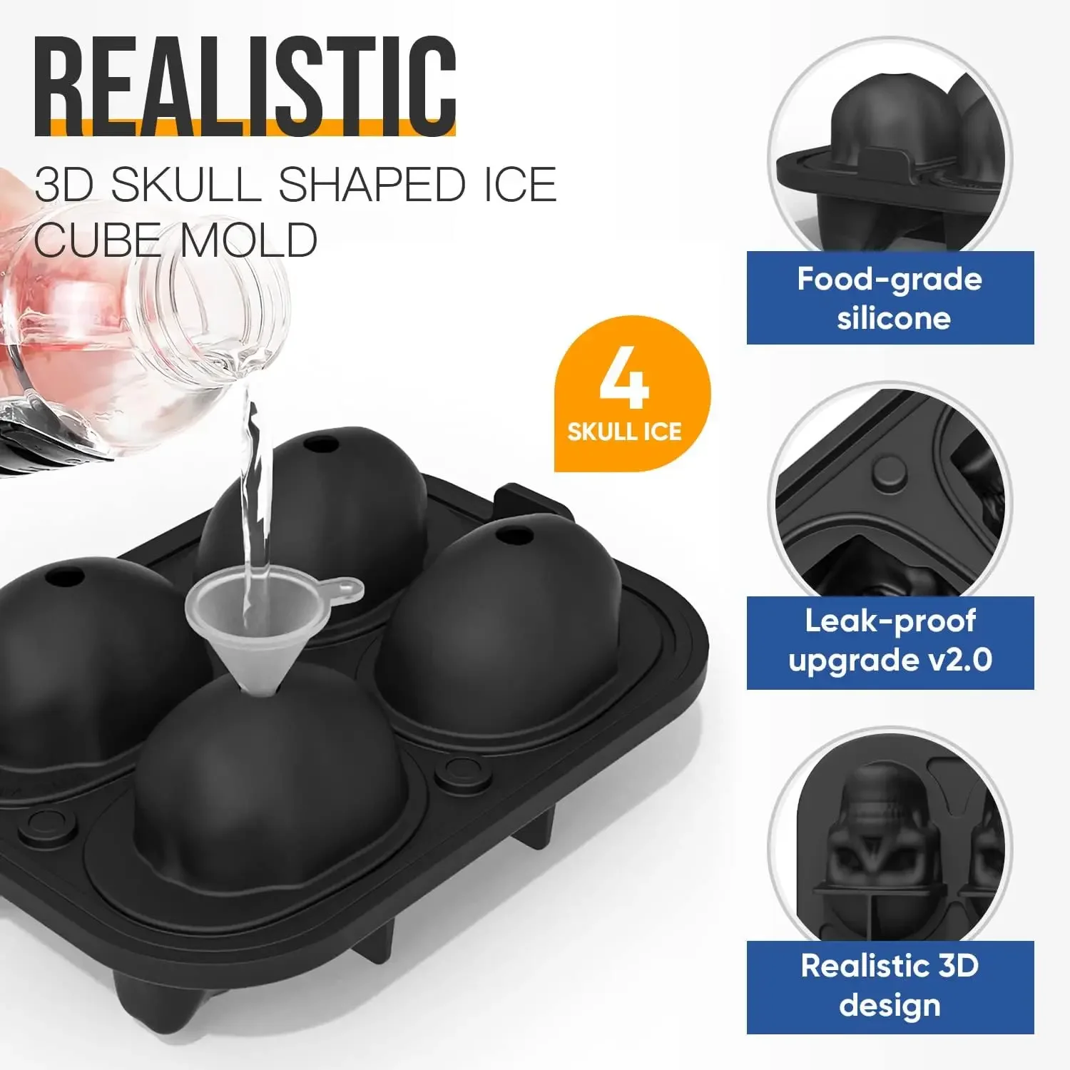 Extra Large 3D Skull Ice Cube Mold   Flexible Silicone  Maker  4 Cavity Tray  for Whiskey    Baking, Chocolate, Candy and Re