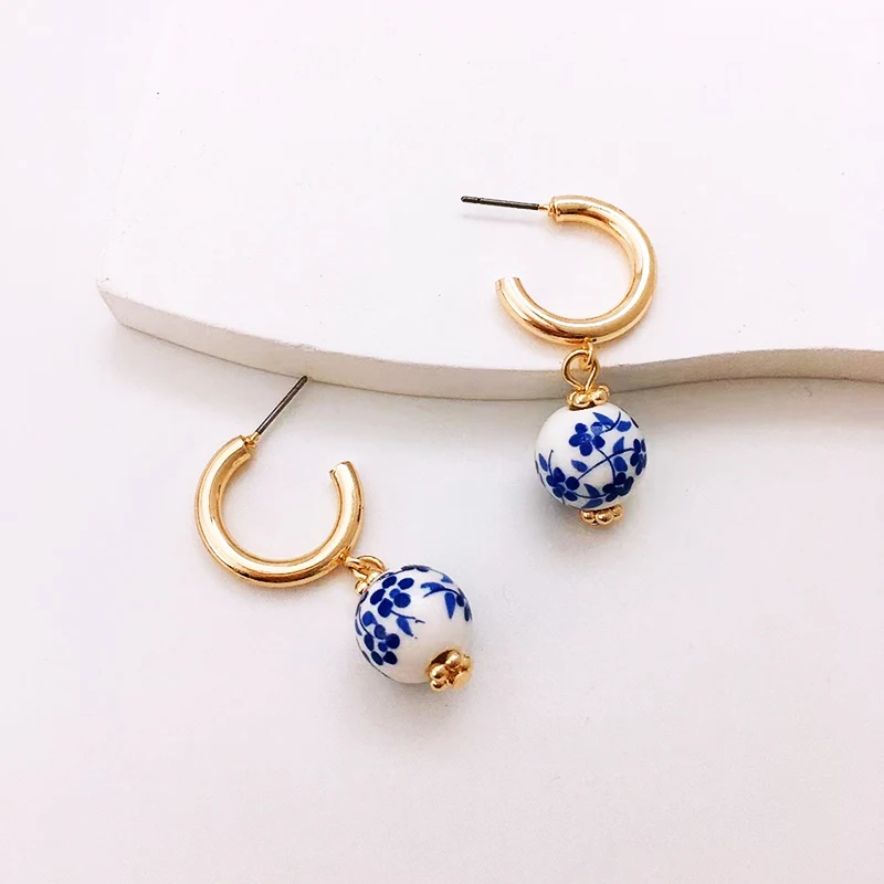 Europe and America Simplicity Fashion Bead National Style Blue and White Porcelain Minority Design  Jewelry for Women  Earring