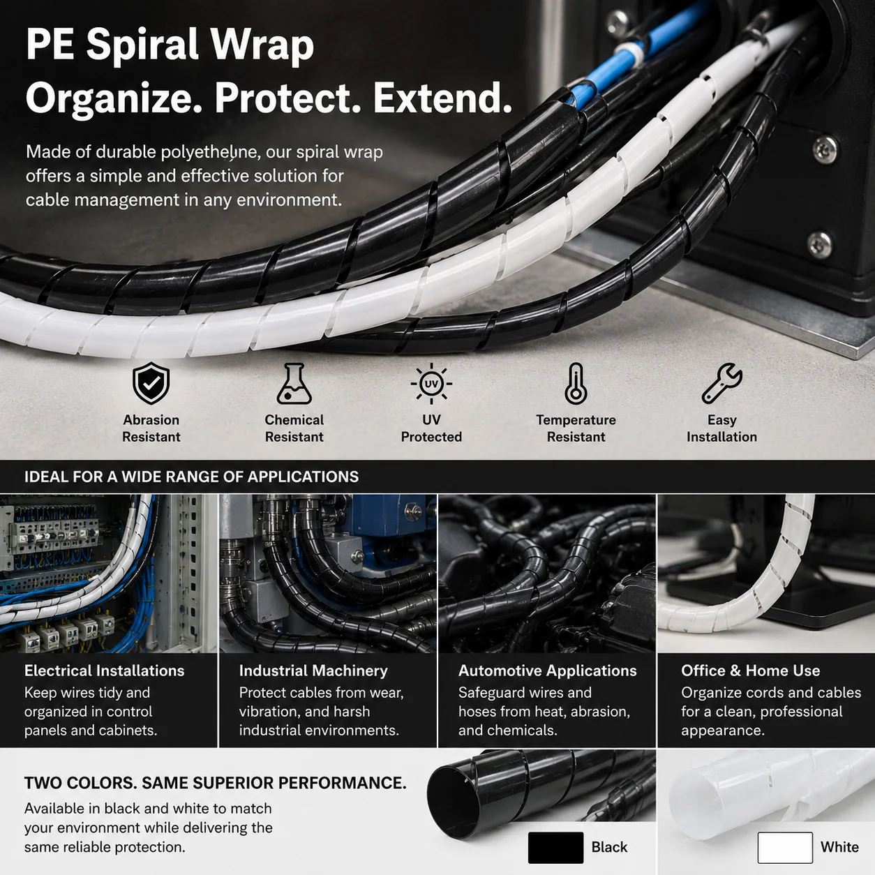 Black/white Flame-retardant PE Spiral Cable Conduit with Inner Diameter of 4-30mm, Wear-resistant Desktop Wiring Harness Sorting