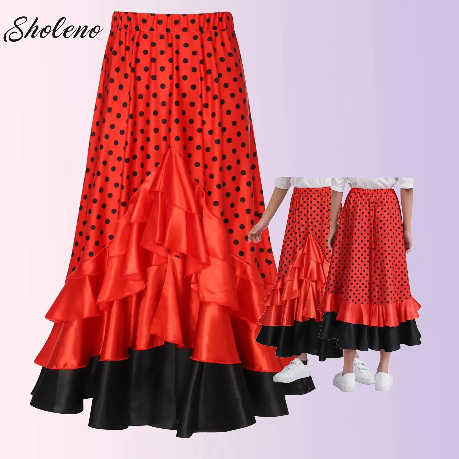 

Kids Girls Polka-Dot Spanish Flamenco Dance Skirt Layered Ruffled Long Skirt for Flamenco Dance Performance Competitions Costume