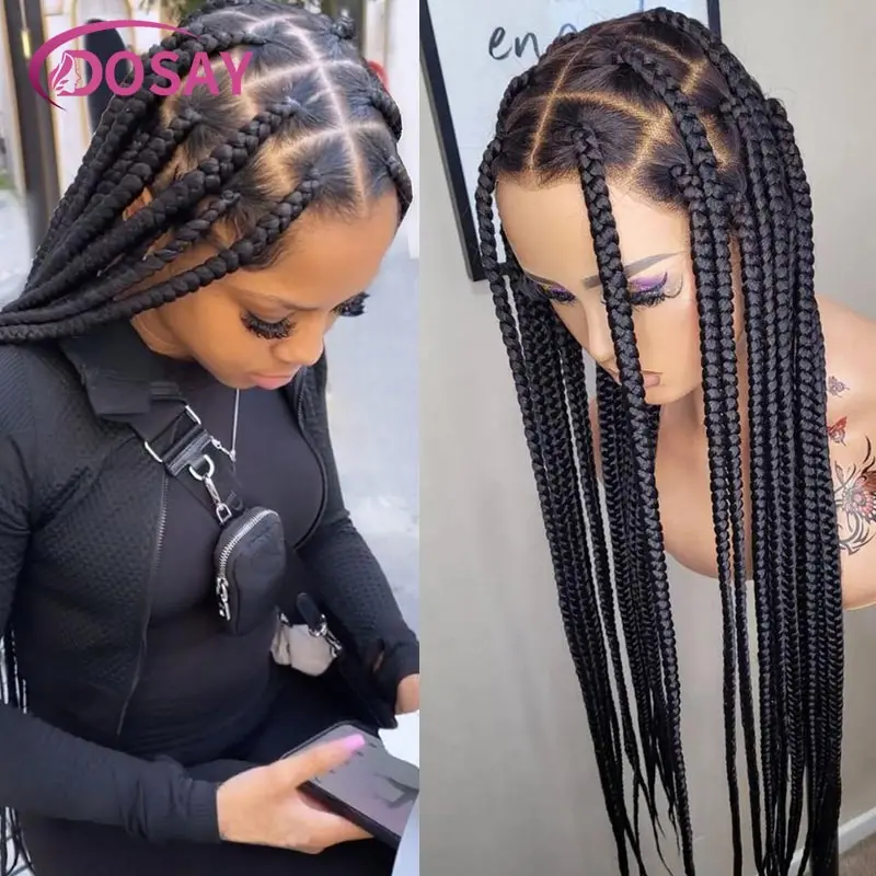 Synthetic Large Box Braided Wigs Jumbo Knotless Full Lace Front Wigs For Black Women Jumbo Tribal Braids Faux Locs Cornrows Wig