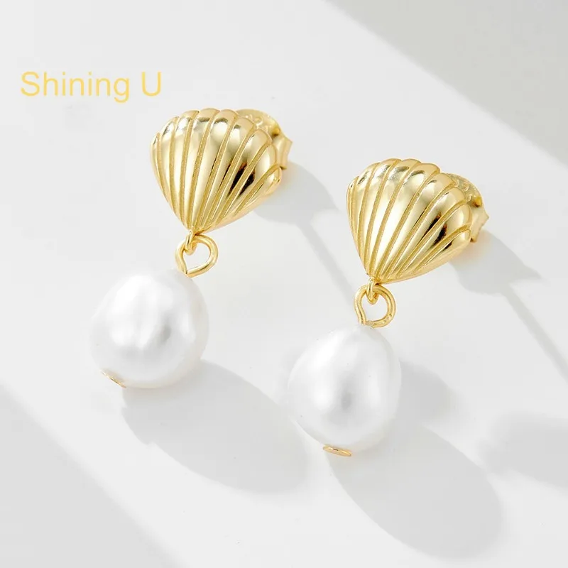 Shining U 925 Sterling Silver Shell Shape Natural Pearl Dangle Earring for Women Fine Jewelry Anniversary