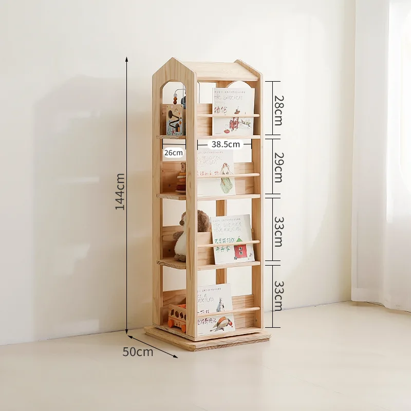 360 Rotating Bookcase Solid Wood Vertical Rotating Floor-to-ceiling Bookcase Baby Reading Area Bookcase Picture Book Rack