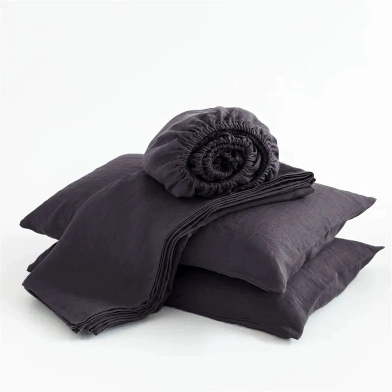 طقم ملاءات سرير من الكتان 100% (ملاءة جاهزة، ملاءة مسطحة، 2 كيس وسادة) غطاء مرتبة ناعم قابل للتنفس، طقم سرير كوين كينج #5