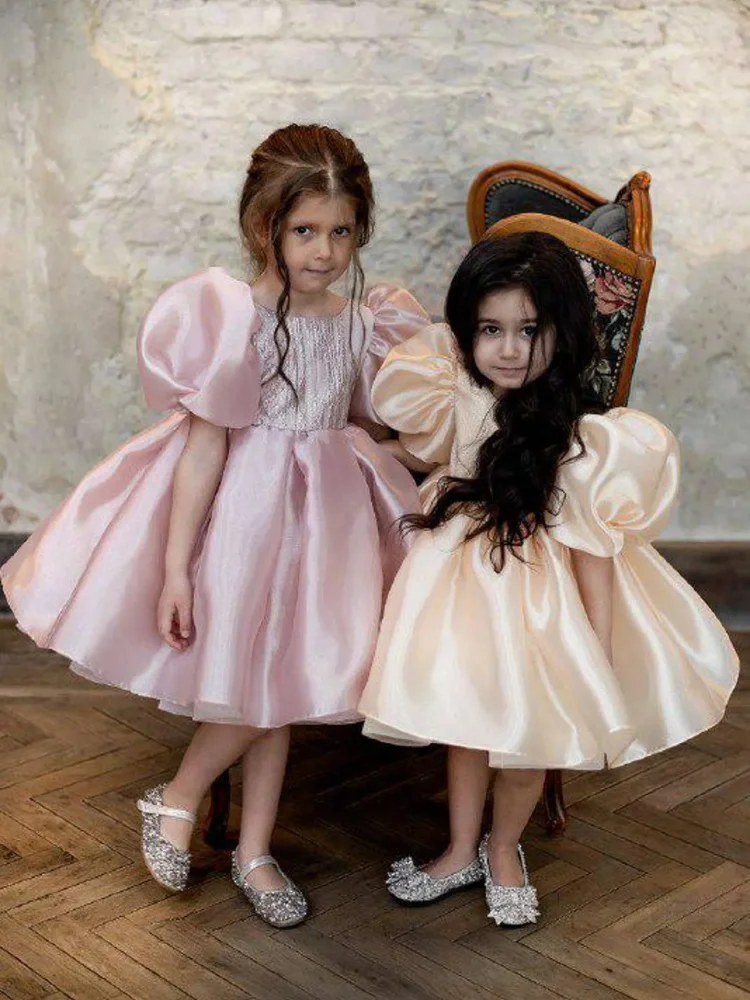 Custom Satin Formal Flower Girl Dress Puff Short Sleeve Full A-Line Perfect For Wedding, Baptism,Birthday & Photoshoot